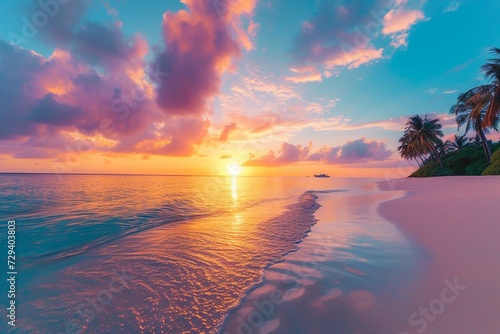Beautiful panoramic sunset sea sky tropical paradise beach. Tranquil summer vacation travel landscape. Peaceful seaside palm calm panorama. Exotic nature view inspire seascape. Best Maldives wallpaper