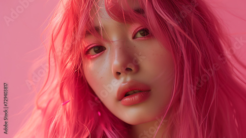 Beautiful pink long hair korean model AI generated photography