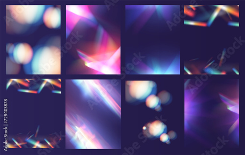 Crystal light glasses effect sparkle prism glare reflection effect. Banner optical rainbow lights, glare, leak, streak overlay. falling confetti. Vector banner colorful vector lenses and light flares.