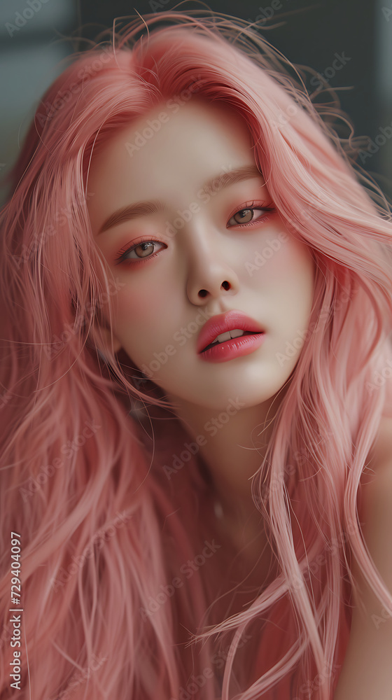 Beautiful pink long hair korean model AI generated photography