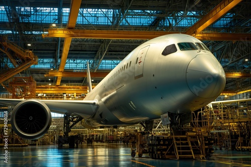 A sizable commercial jetliner rests inside a spacious hangar at an airport, awaiting maintenance or preparation for a flight.