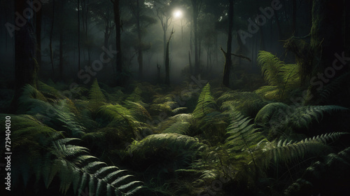 lush fern forest bathed in the soft light of sunrise