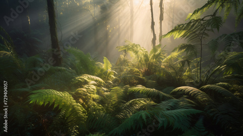 lush fern forest bathed in the soft light of sunrise