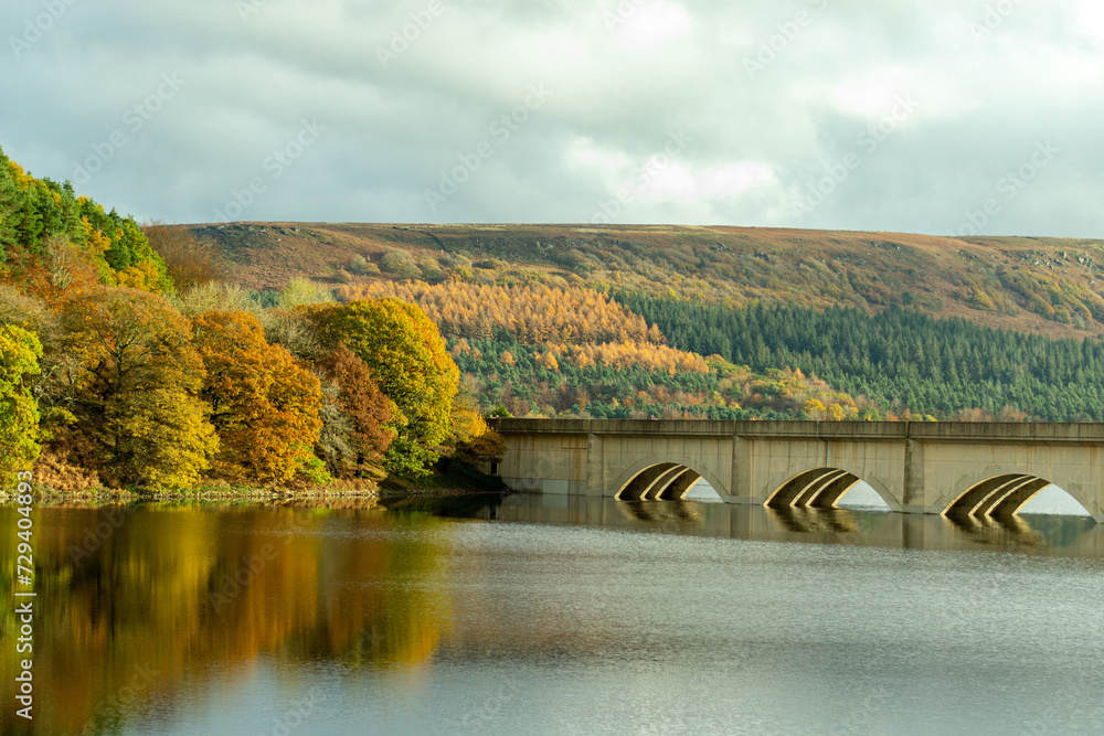 autumn landscape with river bridge