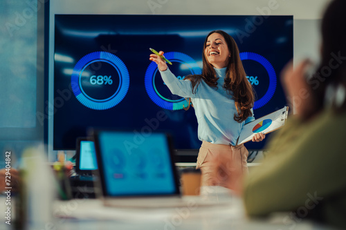 Woman business team leader presenting the progress of the project at the meeting