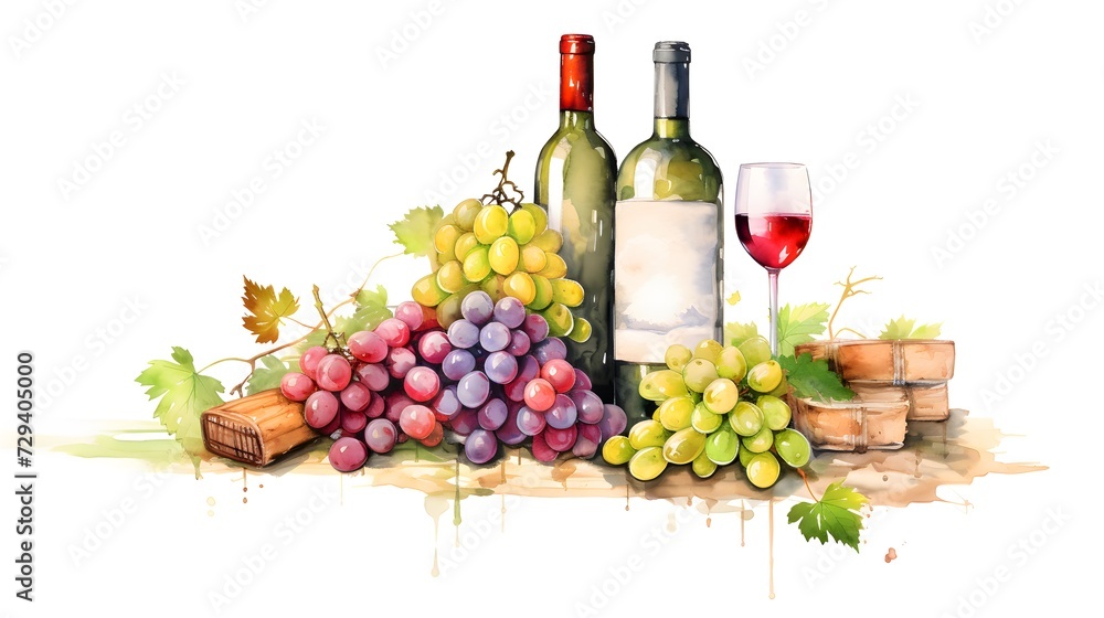 Bunch of blue grapes, red wine bottle and wine glass on landscape with hills and vineyards. Watercolor or aquarelle painting illustration. 