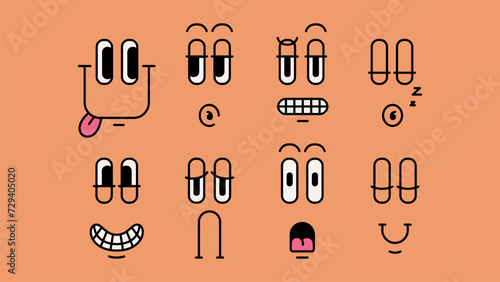 A set of different emotions. Vector illustration of smiles in retro style.