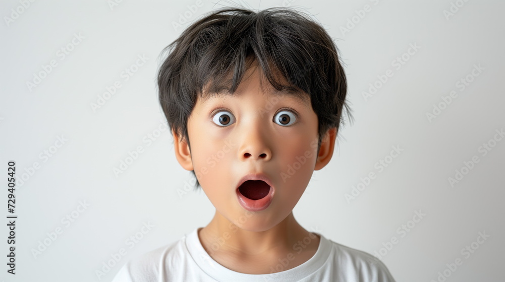 Portrait surprise face, Portrait of an amazed boy with an open mouth and round big eyes, astonished expression, Looking camera. White background. Portrait surprise face, Portrait of an amazed boy with an open mouth and round big eyes, astonished expression, Looking camera. White background.