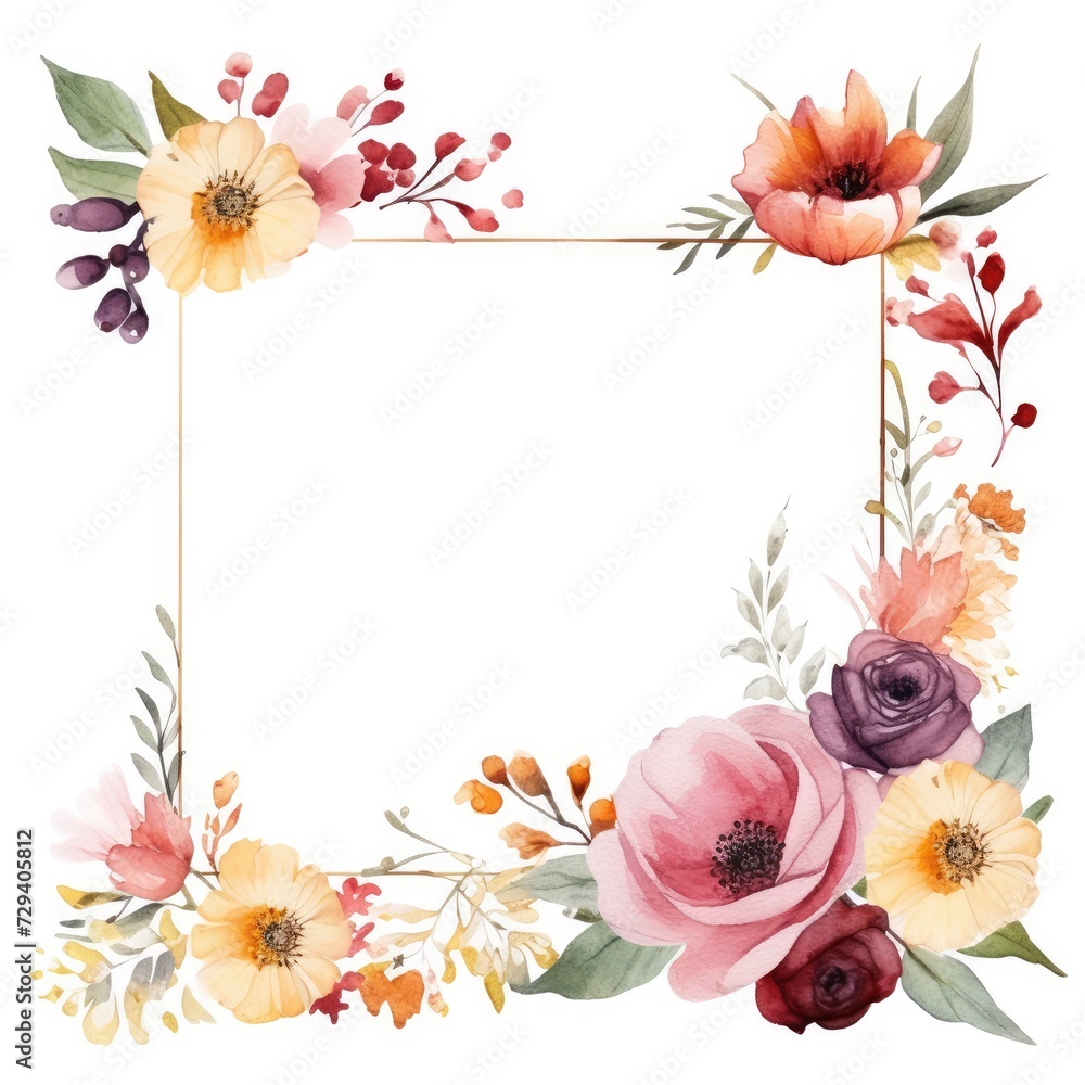 Fototapeta premium Elegant Watercolor Floral Frame With Mixed Blooms and Foliage on a White Background