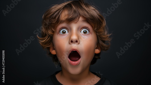 Portrait surprise face, Portrait of an amazed boy with an open mouth and round big eyes, astonished expression, Looking camera. black background.