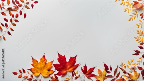Autumnal Frame  Vibrant Leaves Bordering Clear White Background. 
