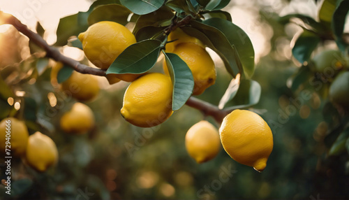 Luce Dorata su Limoni- Ramo di Limoni in Giardino al Tramonto, Evocando la Bellezza dei Frutti Stagionali