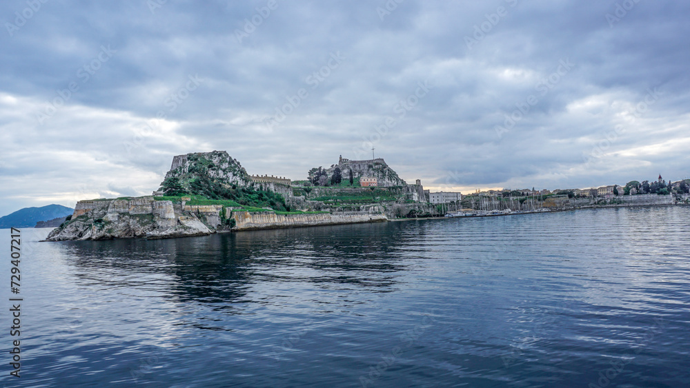 Panoramic view from the sea to the old fortress of Corfu, Greece.