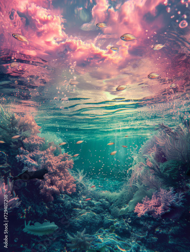 Dreamy ocean, pink and blue and green.
