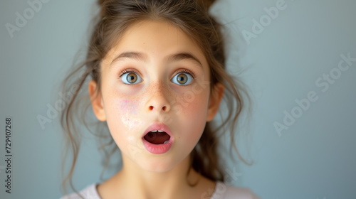 Portrait surprise face, Portrait of an amazed girl with an open mouth and round big eyes, astonished expression, Looking camera. White background.