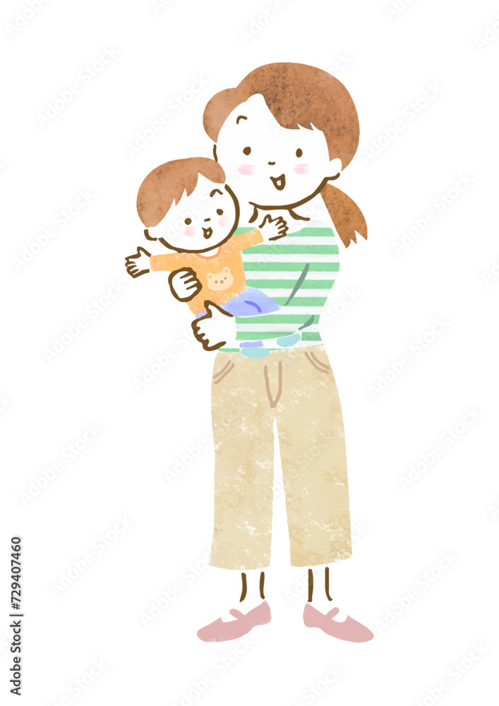 子供(男の子)を抱っこする母親の手描きイラスト 子供(男の子)を抱っこする母親の手描きイラスト