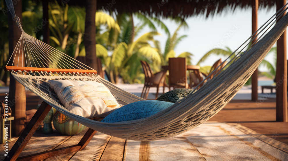 Obraz premium A relaxation station with hammocks and lounge chairs