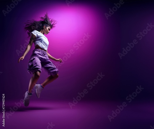 Jumping Beats, a vivid pink magenta portrayal of a dancer in mid-leap, blending the rhythm and dynamism of hip-hop. Generative AI.