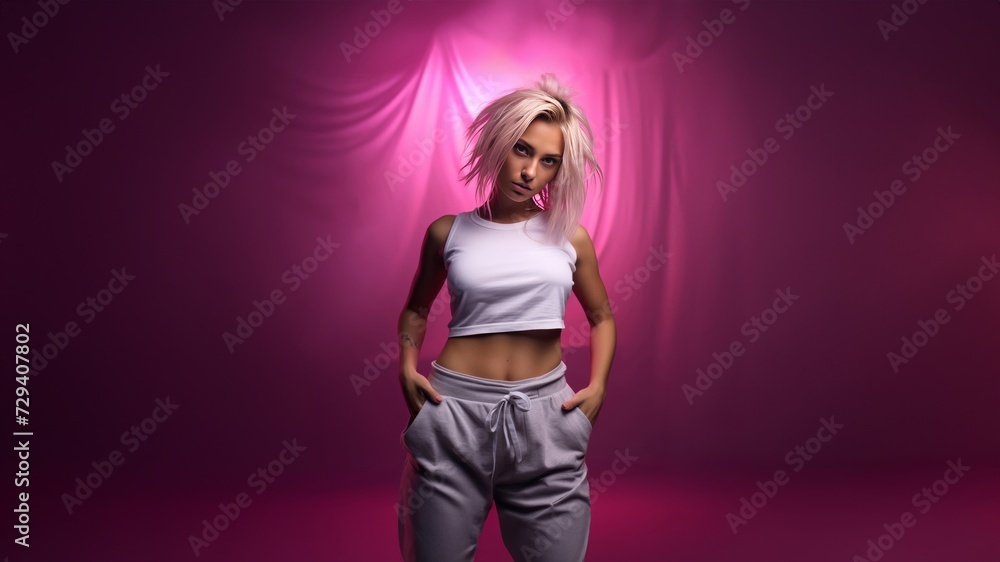 Leaping Grooves, a striking portrayal in bold pink magenta, showcasing a dancer mid-jump, embodying the pulse and dynamism of hip-hop. Generative AI. Leaping Grooves, a striking portrayal in bold pink magenta, showcasing a dancer mid-jump, embodying the pulse and dynamism of hip-hop. Generative AI.