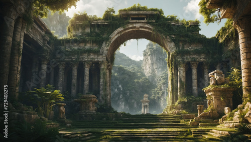 A surreal landscape, ancient Roman ruins emerge from the lush vegetation of the rainforest. ancient stones to intricately woven leaves, a combination of ancient and wild 