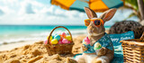 A bunny in sunglasses and Hawaiian shirt enjoys ice cream on the beach