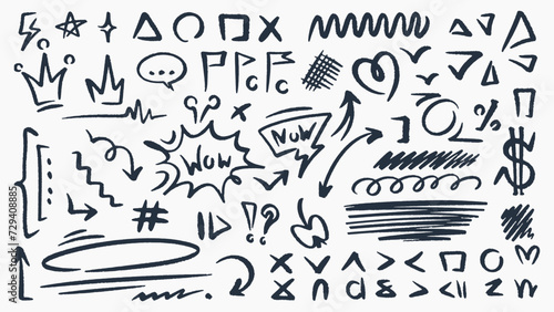 Large pack of vector sketch elements. A set of different symbols for design.