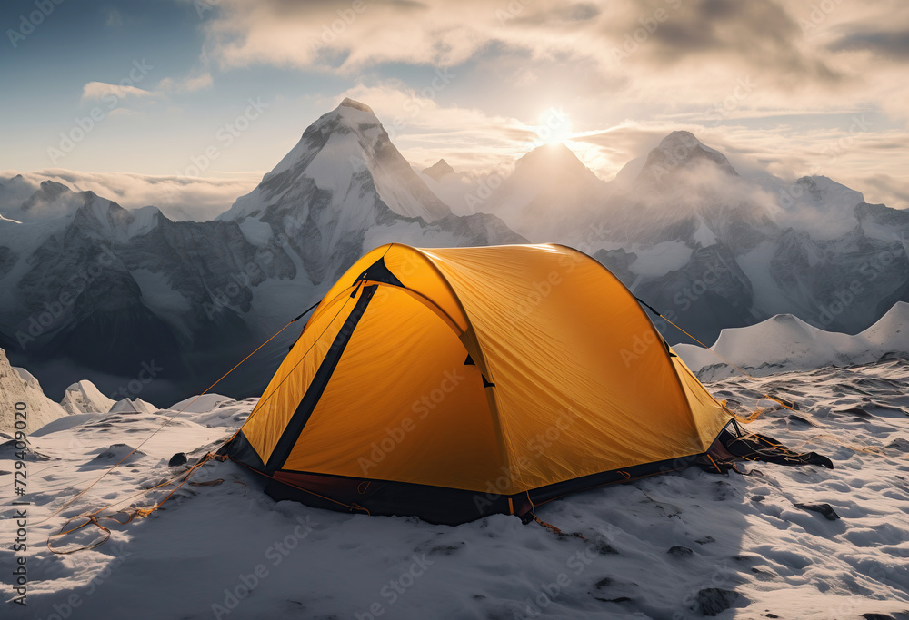 yellow Camping Tent on Snowy Mountain Ridge at Sunrise with Majestic Alpine Peaks in Background