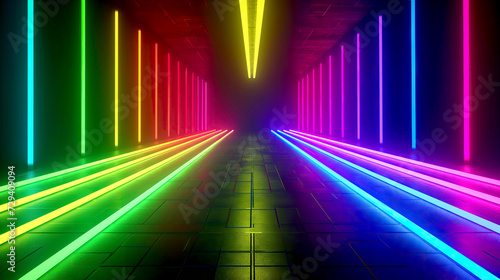 Futuristic Neon Light Tunnel with colorful glowing lines on Illumination background