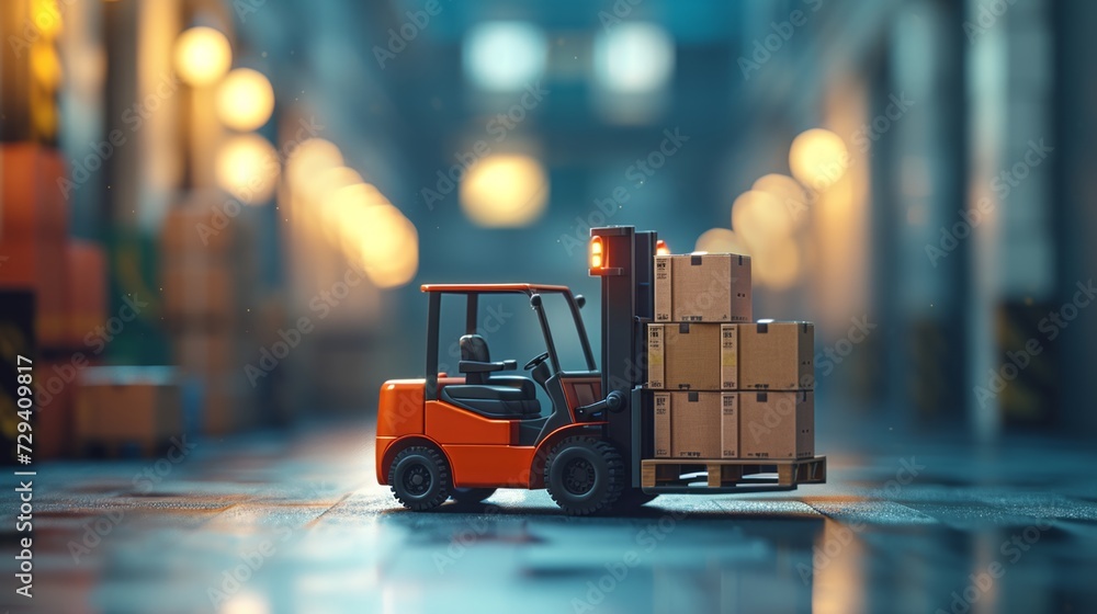 Miniature forklift moving boxes in a dimly lit warehouse environment Miniature forklift moving boxes in a dimly lit warehouse environment