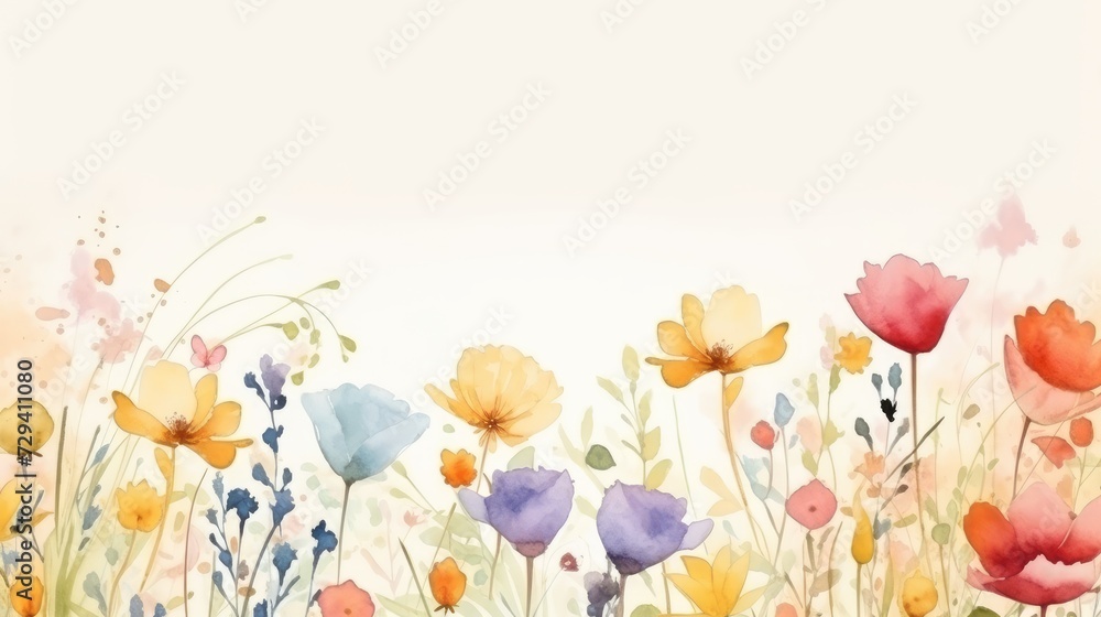 Pastel Watercolor Illustration of Various Blooming Flowers in a Springtime Meadow Pastel Watercolor Illustration of Various Blooming Flowers in a Springtime Meadow