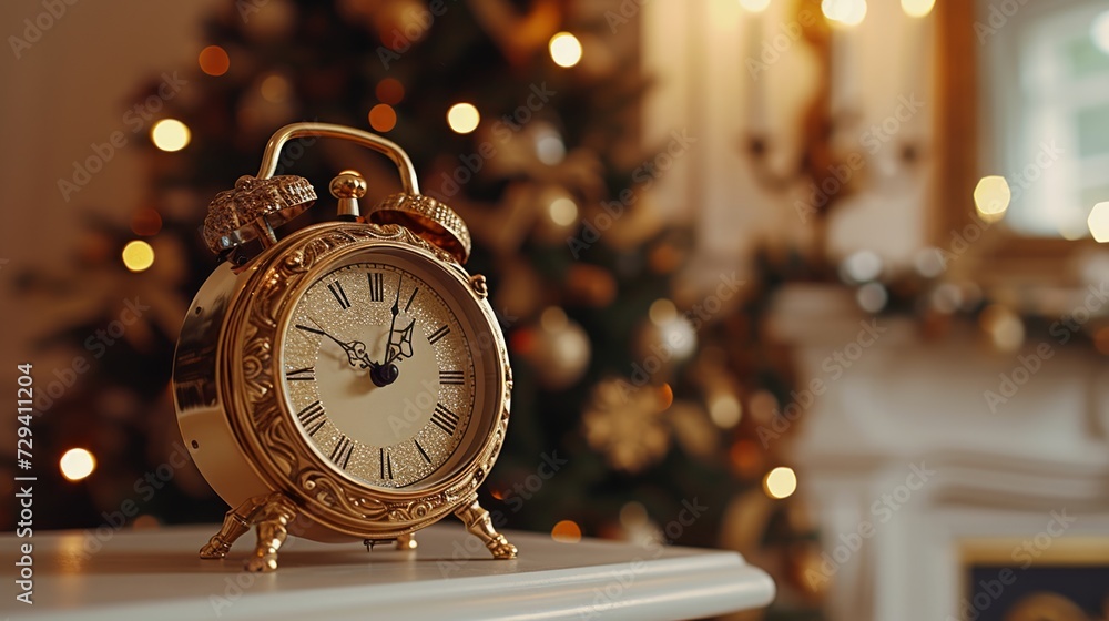 Vintage gold alarm clock on mantel with festive Christmas tree backdrop