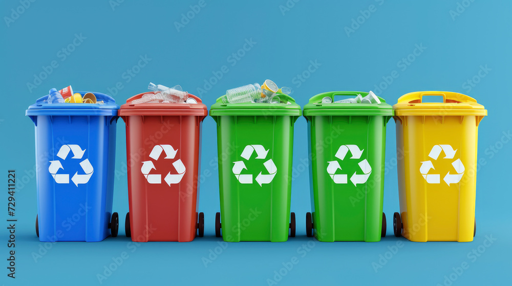 Showcasing a set of recycling bins for plastic, glass, metal, and paper, this photo embodies the essence of sustainable living and environmental protection through waste separation. Showcasing a set of recycling bins for plastic, glass, metal, and paper, this photo embodies the essence of sustainable living and environmental protection through waste separation.