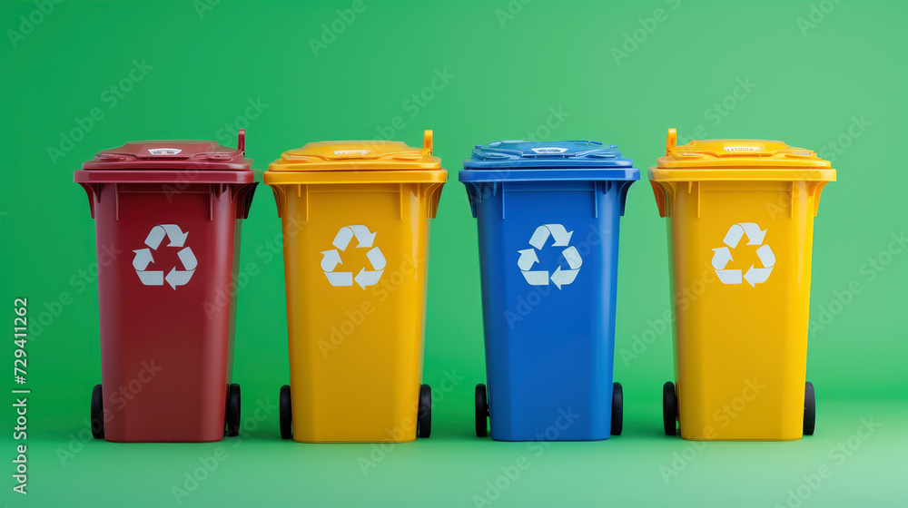 A visual representation of eco-friendly waste management, featuring separate bins for recycling various materials, promoting green practices and sustainability. A visual representation of eco-friendly waste management, featuring separate bins for recycling various materials, promoting green practices and sustainability.