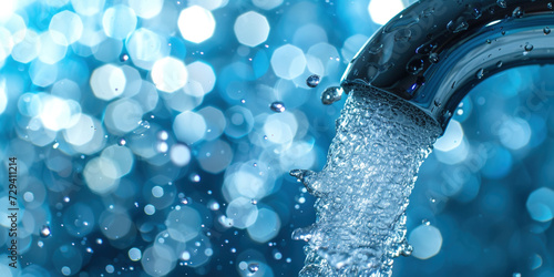 Water supply problems. Water a fresh blue tap with flowing water with spray in bathroom. Selective focus tile on background. Concept water saving at home, reducing use.
