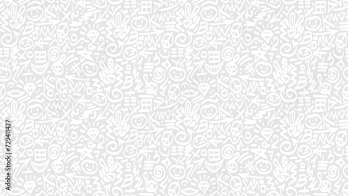 Seamless white fun doodle vector pattern. Hand drawn light sketch brush stroke fabric print. Web page fill, wrapping paper texture trendy design. 70s 80s background. Simple childish scribble backdrop