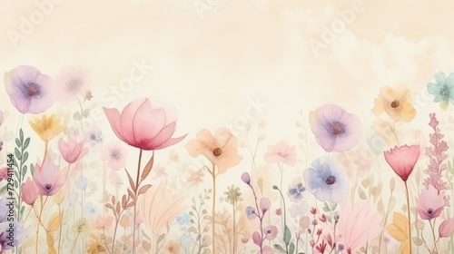 Pastel Watercolor Illustration of Various Blooming Flowers in a Springtime Meadow