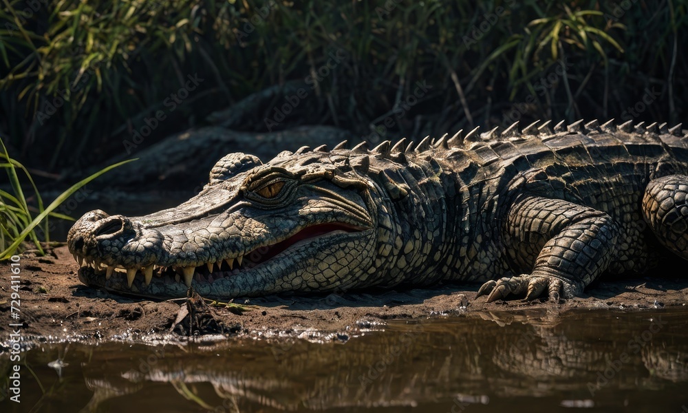 Obraz premium Savannah Serenade: A Symphony of Crocodile's Lakeside Hunt