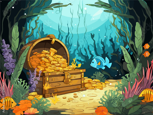 Vector drawing of a chest with gold coins 
on ocean floor under water with tropical fish
at the coral reef. Algae, corals and sea 
anemones on the seabed. Pirate treasures.