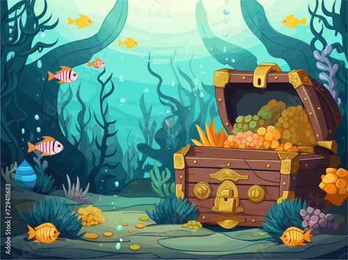 Vector drawing of chest with precious stones, gold coins, 
sapphires 
on ocean floor under water with tropical fish
at coral reef. Algae, corals and sea 
anemones on seabed. Pirate treasures.
