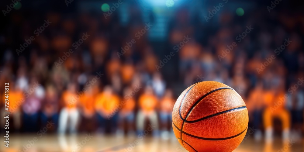 Basketball Court with Blurred Fans in Background. Close-up Ball, Sport Game. Generative AI