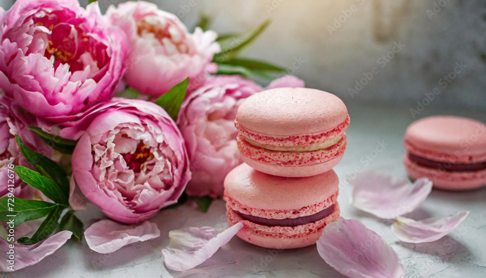 Pink macaroons, pink peonies in blurred background