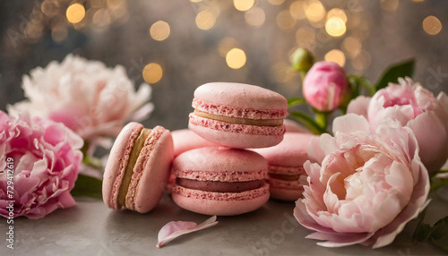 Fototapeta Naklejka Na Ścianę i Meble -  Pink macaroons , pink peonies in blurred background. French delicate dessert.
