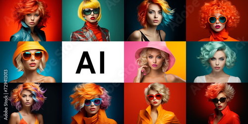 Generative AI photo examples collage. Artificial intelligence photography sample set. Fashion model close-up portrait. Vibrant design color style. Group of women showcasing various hairstyle © guruXOX