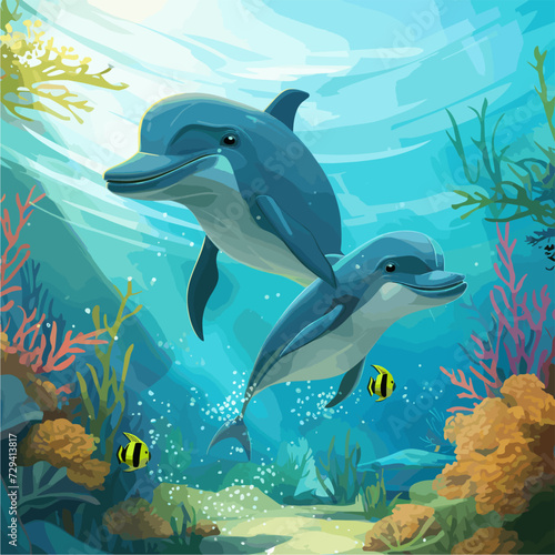 Vector drawing of dolphins under water at the coral reef with tropical fishes. Underwater world of the ocean. Algae, corals and sea anemones on the seabed.