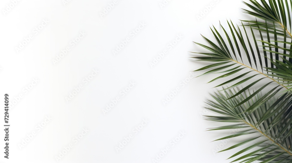 Tropical palm leaves on white background. Flat lay, top view