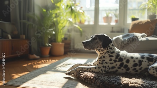 Relaxed spotted dog lying on a cozy rug in a bright living space with plants