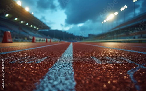 A Red Running Track in a Stadium at Night
