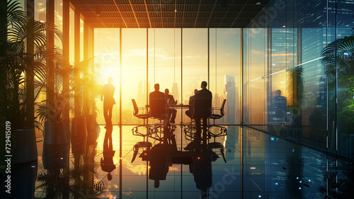 A digital rendering of corporate professionals in a high-rise office with panoramic windows.