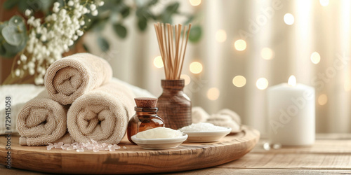 Skincare, spa, health and massage or relaxation concept. Candle, spa and relax with natural aromatherapy treatment in a room for luxury or wellness on wooden tray