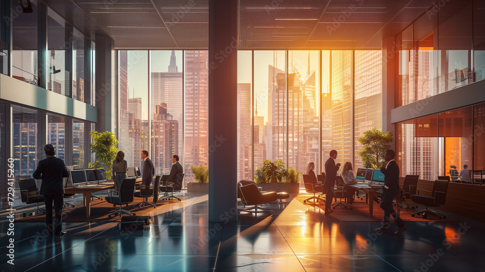 A digital rendering of corporate professionals in a high-rise office with panoramic windows. - obrazy, fototapety, plakaty 